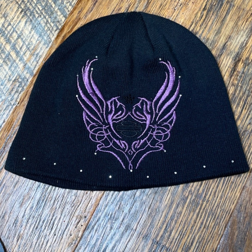 Harley-Davidson Beanie Black Purple Winged Logo Rhinestone Knit Skull Cap Hat